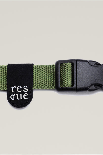 Black plastic buckle and rescue tag of the Cloud 7 RESC7UE Green nylon dog collar, close-up