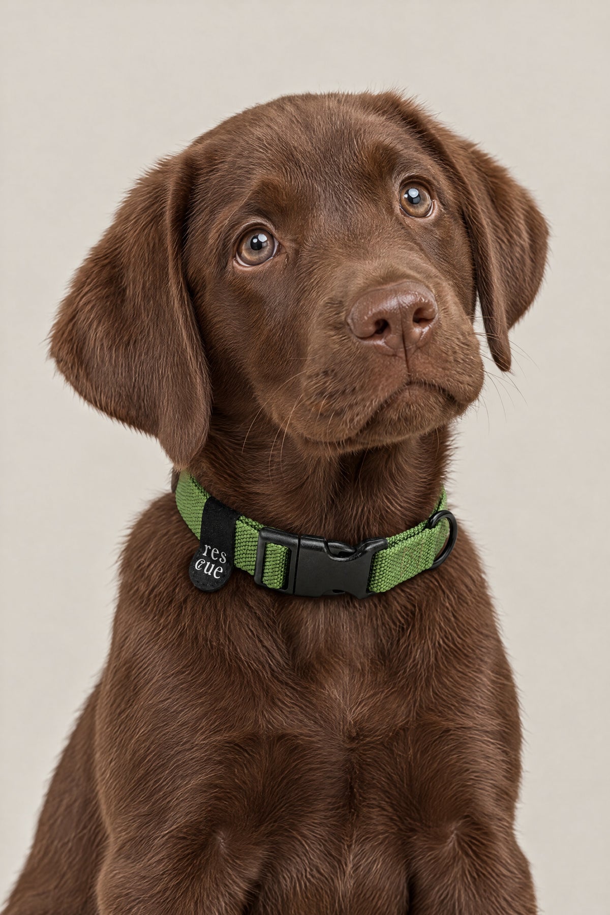 Chocolate Labrador puppy wearing the green nylon Cloud 7 RESC7UE collar