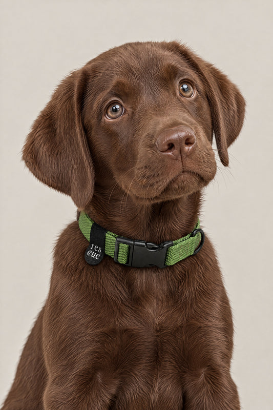 Chocolate Labrador puppy wearing the green nylon Cloud 7 RESC7UE collar