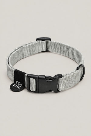 Silver grey nylon Cloud 7 RESC7UE dog collar with black plastic buckle and rescue tag, front view