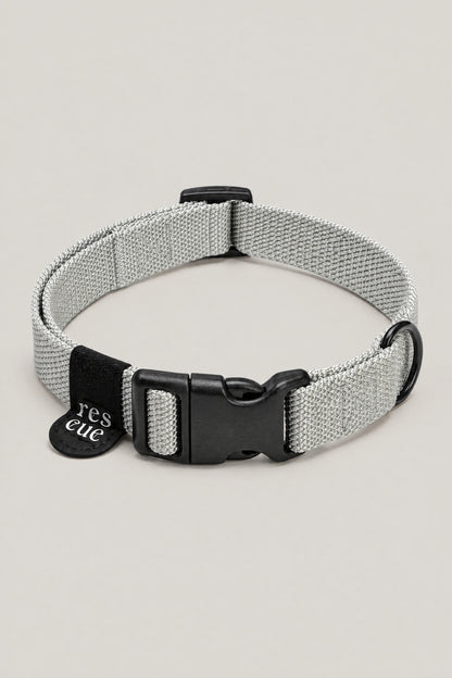 Silver grey nylon Cloud 7 RESC7UE dog collar with black plastic buckle and rescue tag, front view