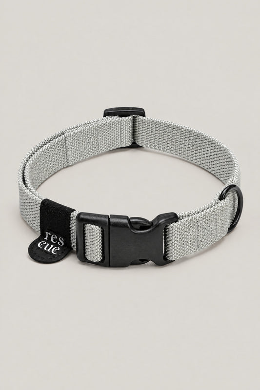 Silver grey nylon Cloud 7 RESC7UE dog collar with black plastic buckle and rescue tag, front view