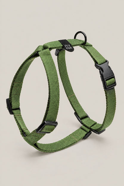 Olive green Cloud 7 RESC7UE Y-shaped nylon dog harness with black buckles and rescue tag, front view