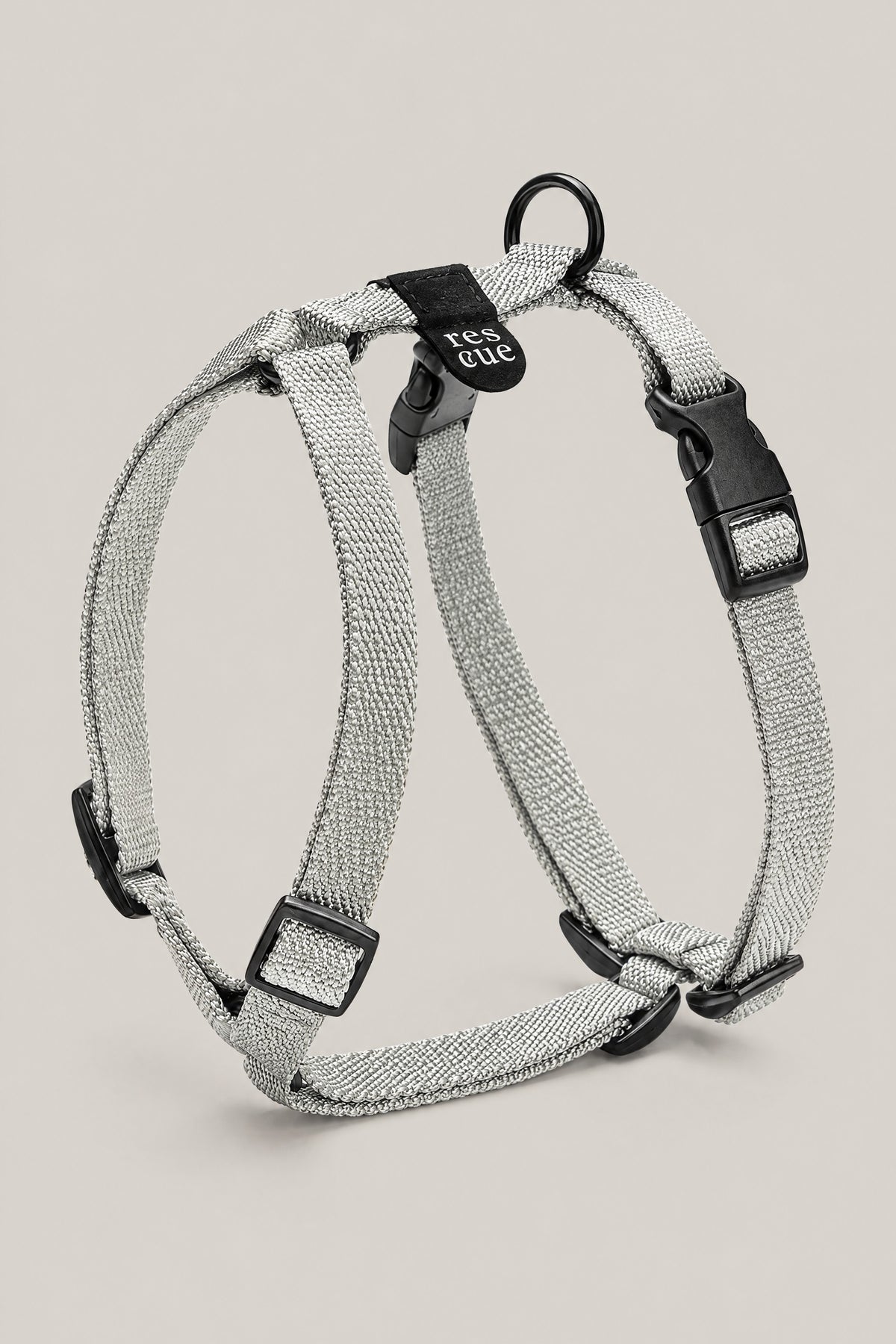 Silver grey Cloud 7 RESC7UE Y-shaped nylon dog harness with black buckles and rescue tag, front view