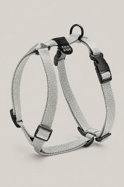 Silver grey Cloud 7 RESC7UE Y-shaped nylon dog harness with black buckles and rescue tag, front view