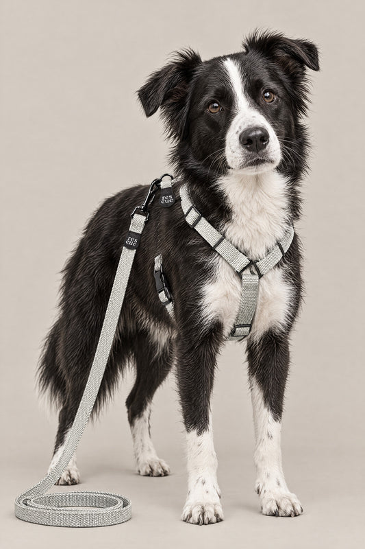 Border collie mix wearing the silver Cloud 7 RESC7UE dog harness and leash