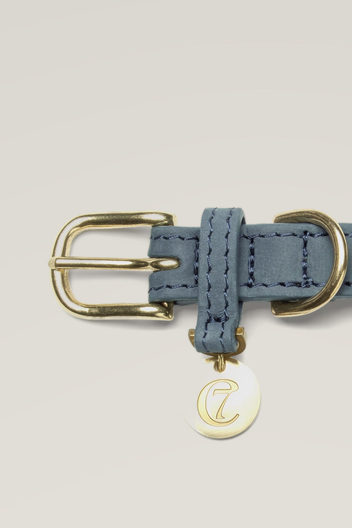 Brass buckle and engraved logo coin of the Cloud 7 Tiergarten Dove nubuck dog collar, close-up