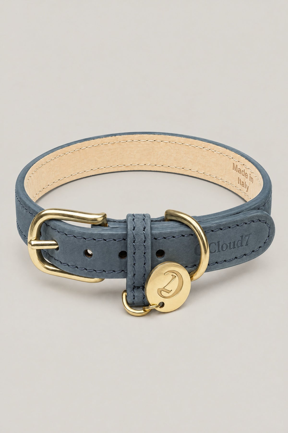Dove grey-blue nubuck Cloud 7 Tiergarten dog collar with brass buckle and logo coin, front view