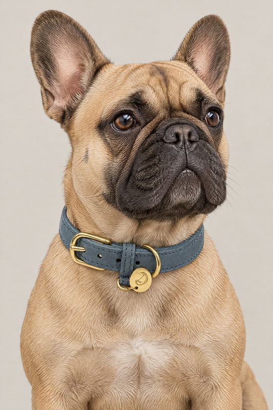 French Bulldog wearing the dove grey nubuck Cloud 7 Tiergarten collar with brass logo coin
