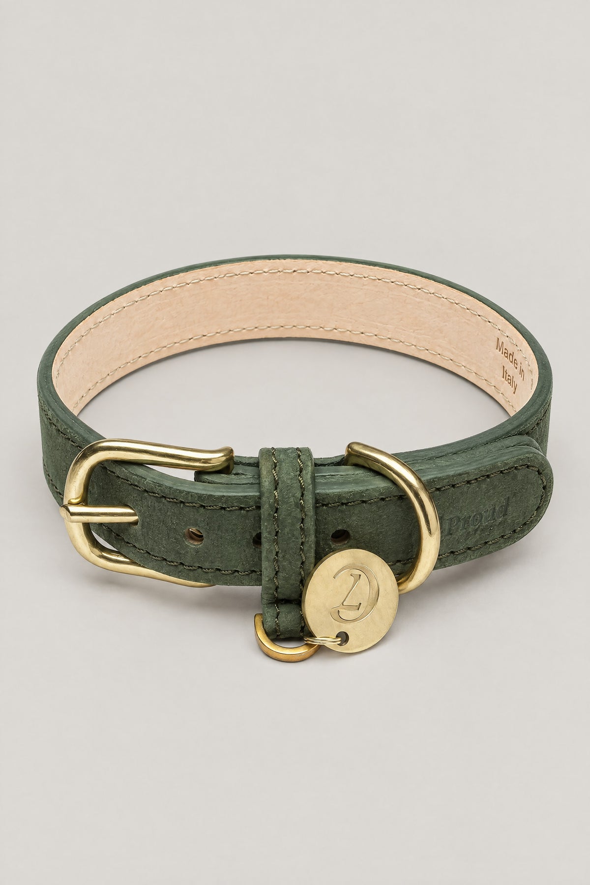 Moss green nubuck Cloud 7 Tiergarten dog collar with brass buckle and logo coin, front view
