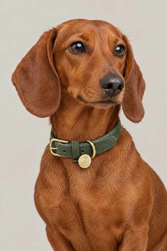 Red smooth-haired dachshund wearing the moss green nubuck Cloud 7 Tiergarten collar with brass logo coin