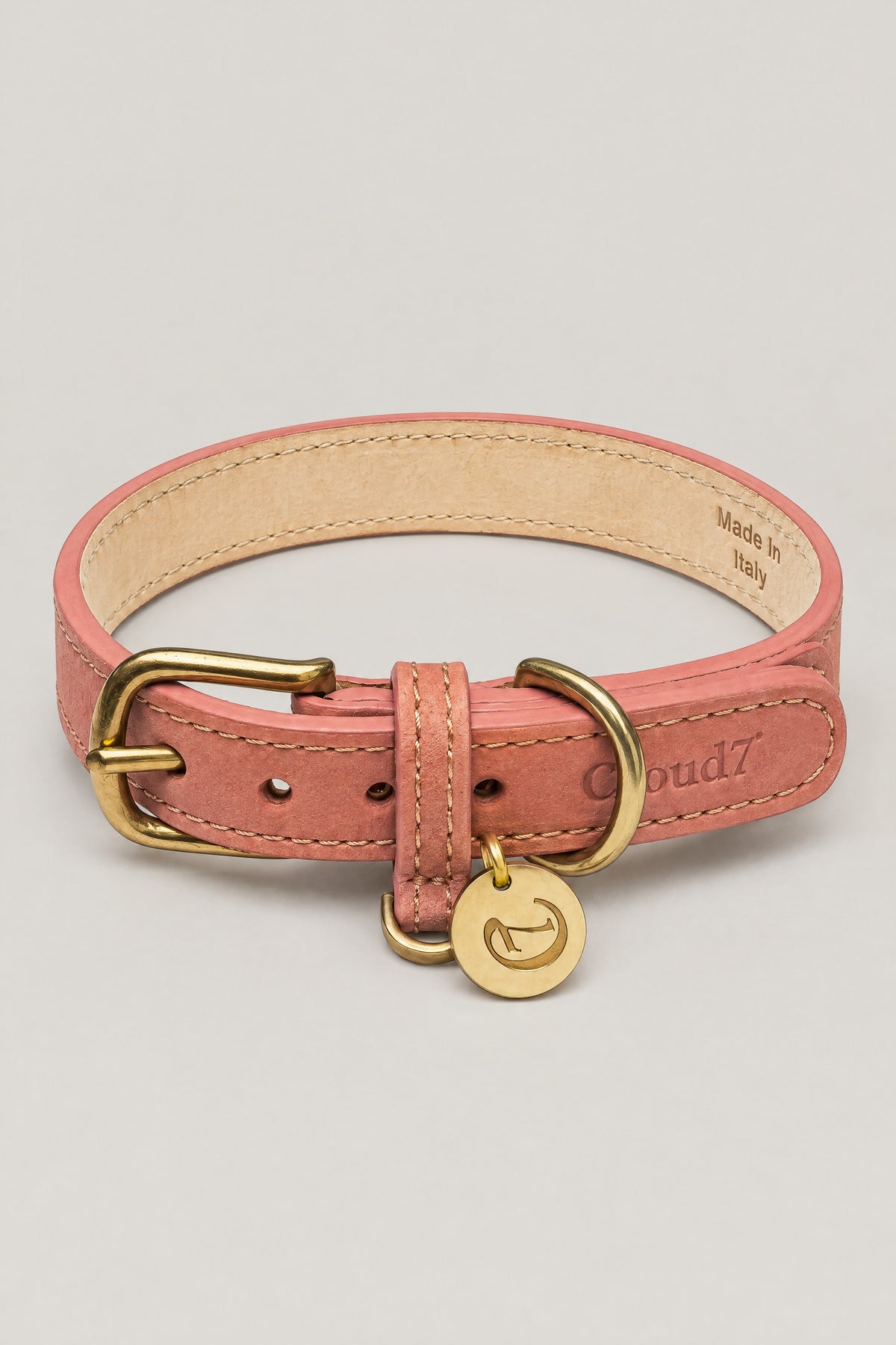 Peach pink nubuck Cloud 7 Tiergarten dog collar with brass buckle and logo coin, front view