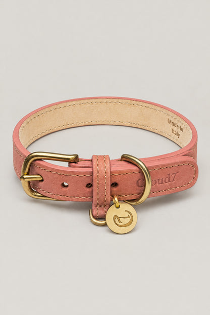 Peach pink nubuck Cloud 7 Tiergarten dog collar with brass buckle and logo coin, front view