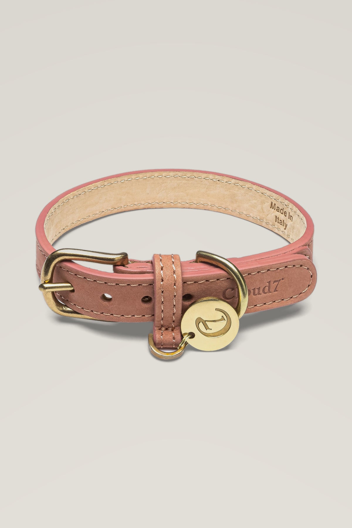 Cloud 7 Tiergarten nubuck dog collar in peach with brass buckle and engraved logo coin
