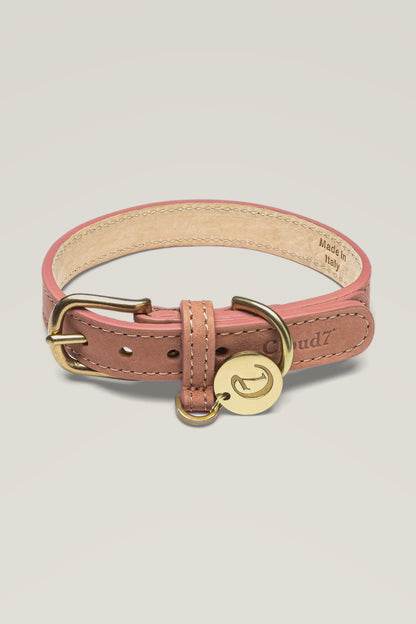Cloud 7 Tiergarten nubuck dog collar in peach with brass buckle and engraved logo coin