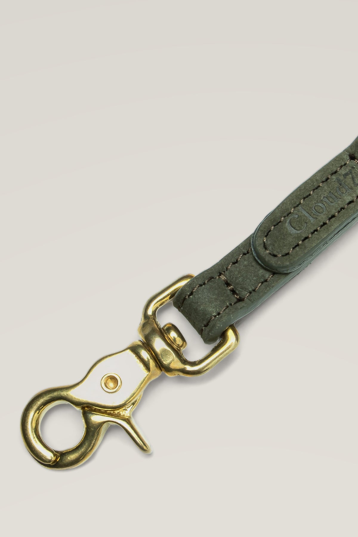 Brass snap hook of the Cloud 7 Tiergarten Moss dog leash, detail