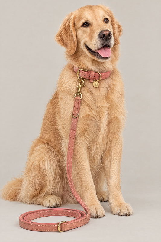Golden Retriever wearing the peach Cloud 7 Tiergarten collar and leash