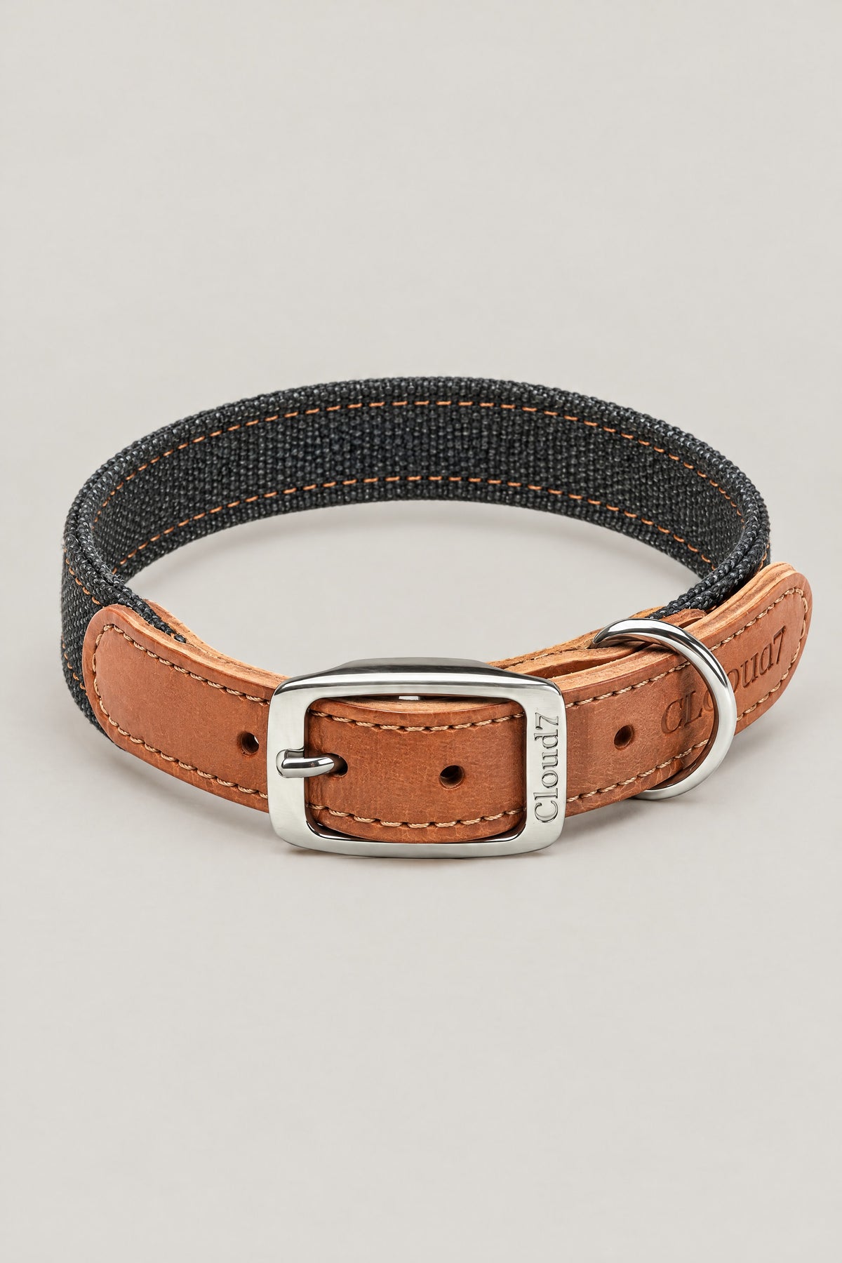 Black canvas and cognac leather Cloud 7 Tivoli dog collar with stainless steel buckle, front view