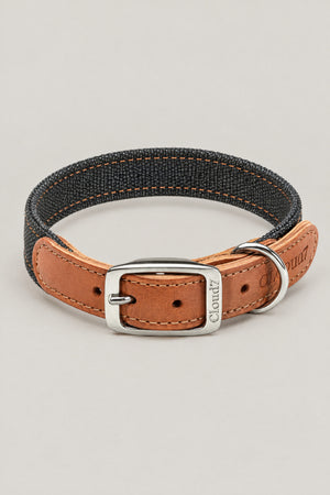 Black canvas and cognac leather Cloud 7 Tivoli dog collar with stainless steel buckle, front view