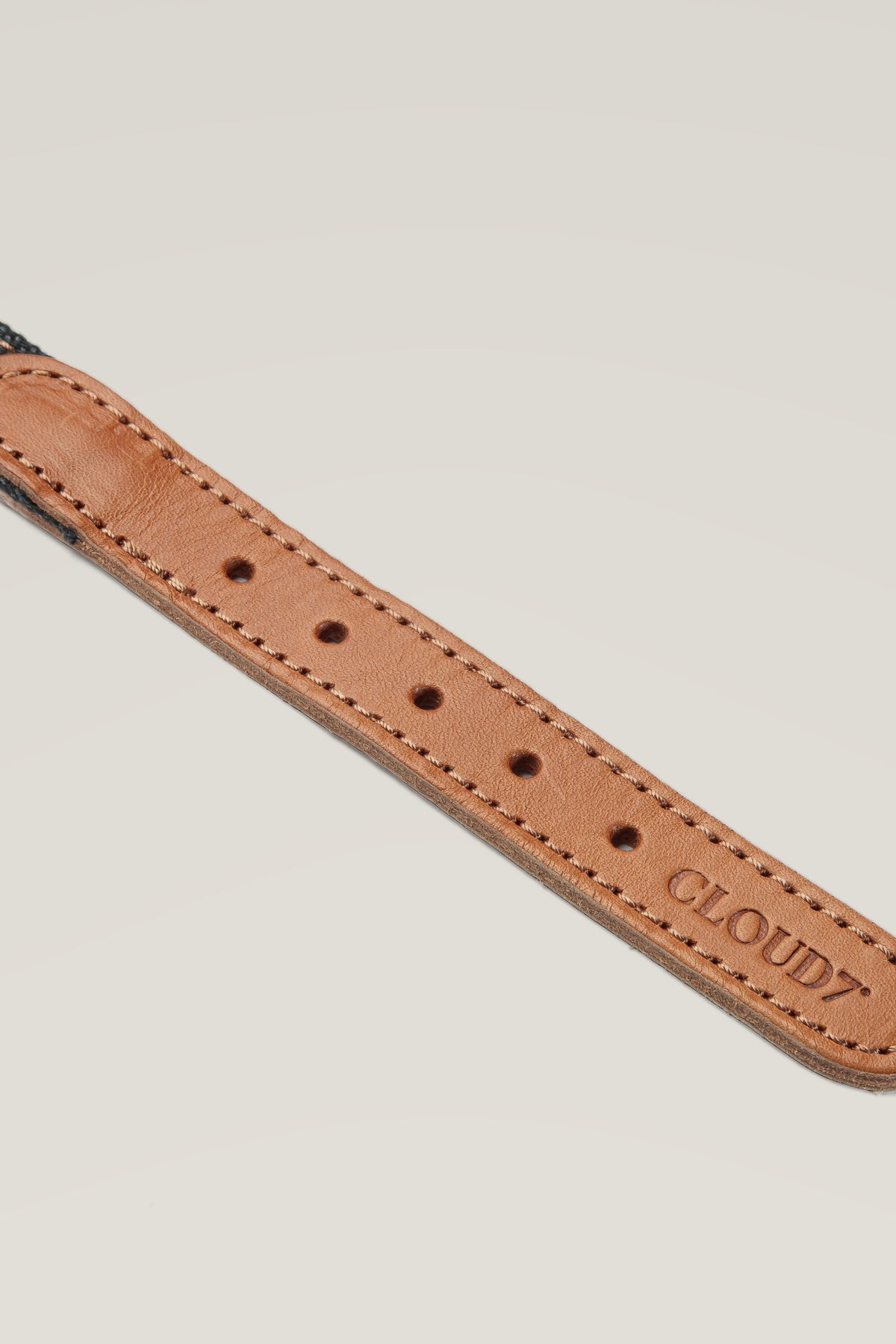Cognac leather end with top stitching of the Cloud 7 Tivoli Black dog collar, close-up