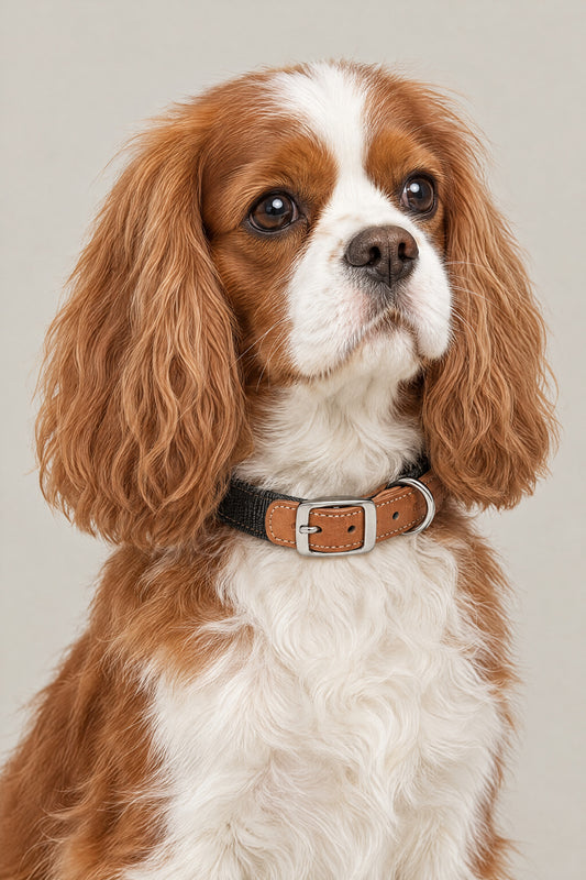 Cavalier King Charles Spaniel wearing the black canvas and cognac leather Cloud 7 Tivoli collar
