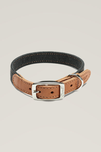 Cloud 7 Tivoli dog collar in black canvas with cognac leather and stainless steel buckle