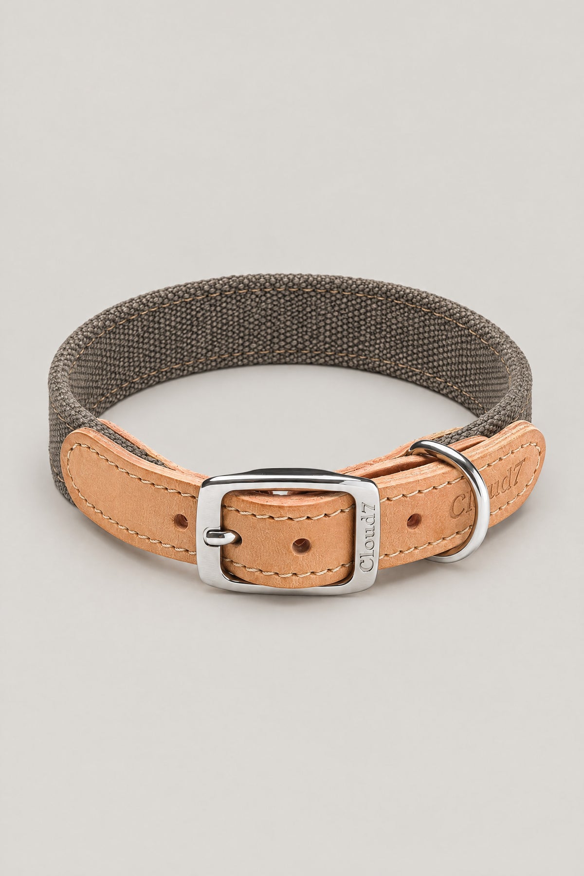Greige canvas and tan leather Cloud 7 Tivoli dog collar with stainless steel buckle, front view