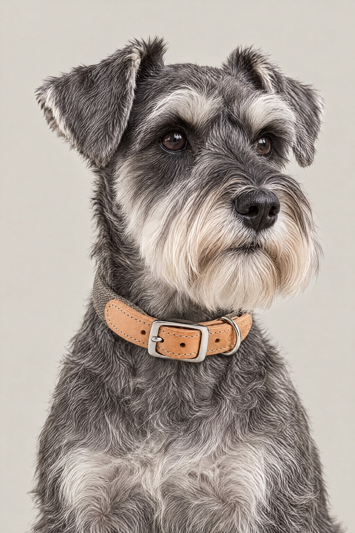 Miniature Schnauzer wearing the greige canvas and tan leather Cloud 7 Tivoli collar