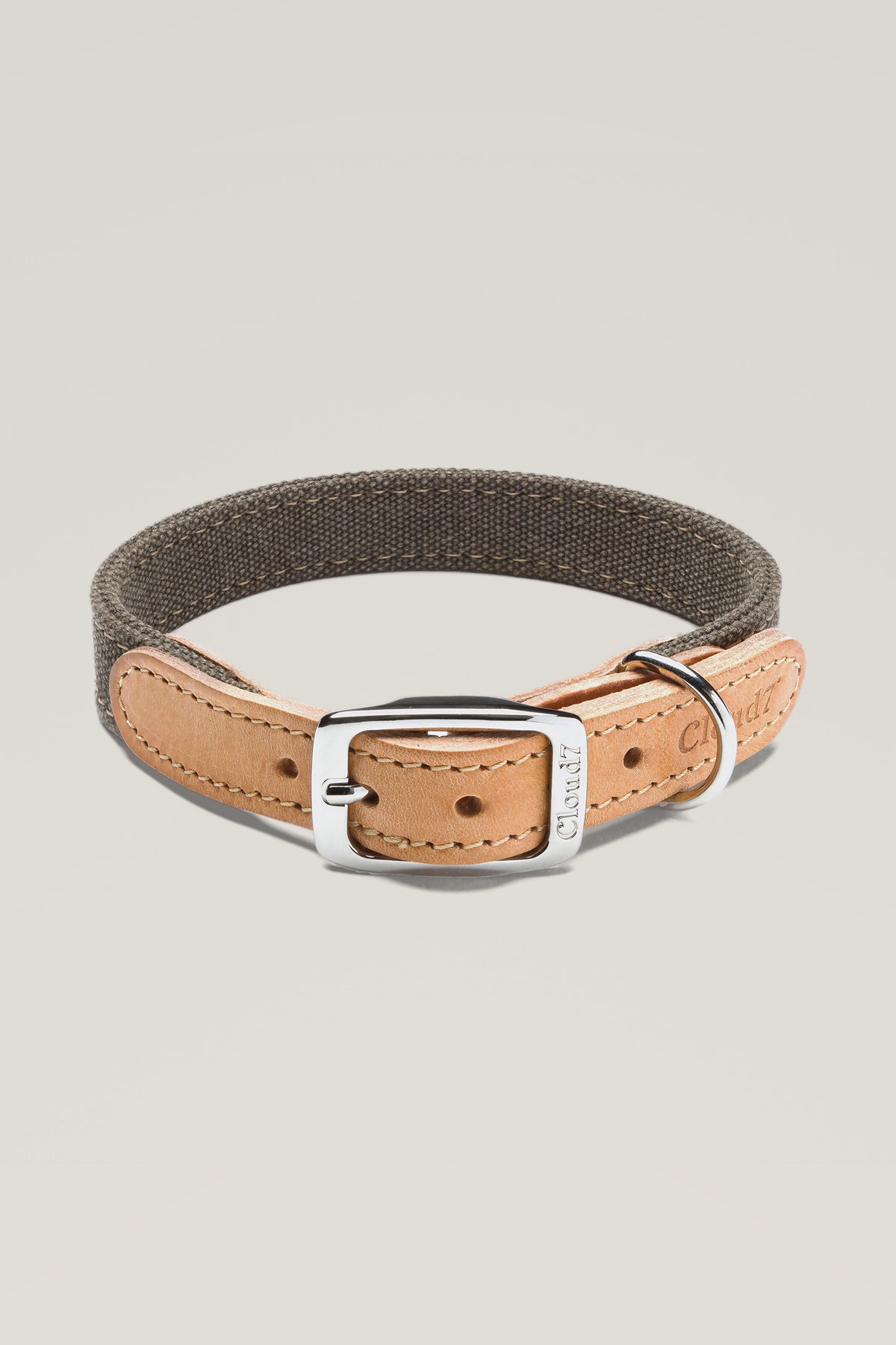 Cloud 7 Tivoli dog collar in greige canvas with tan leather and stainless steel buckle
