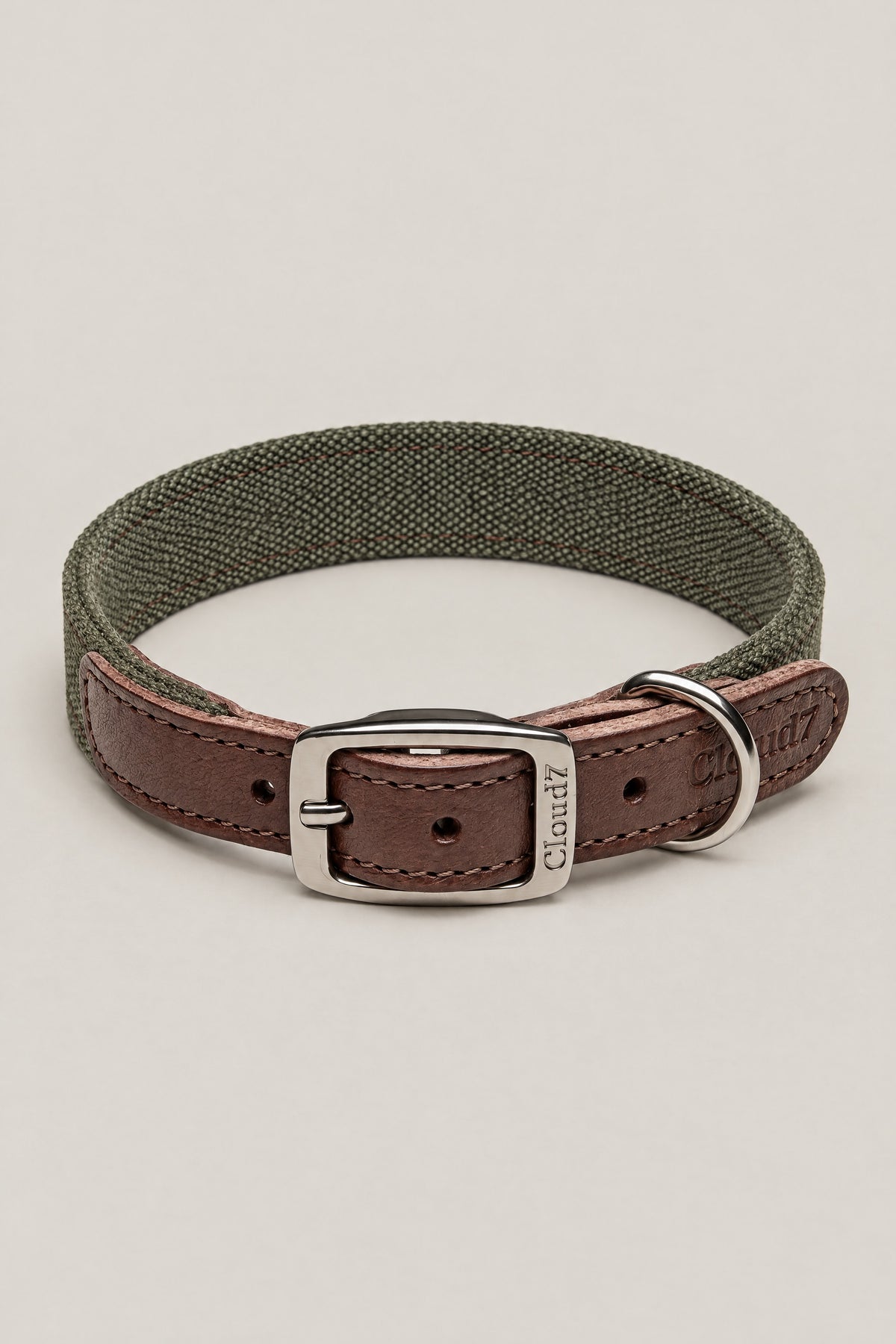 Olive canvas and brown leather Cloud 7 Tivoli dog collar with stainless steel buckle, front view
