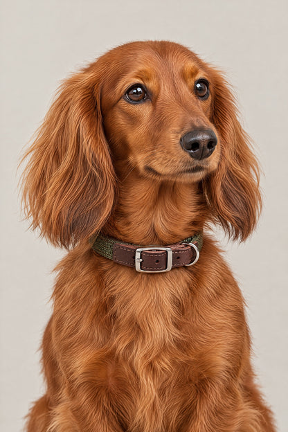 Long-haired red dachshund wearing the olive canvas and brown leather Cloud 7 Tivoli collar