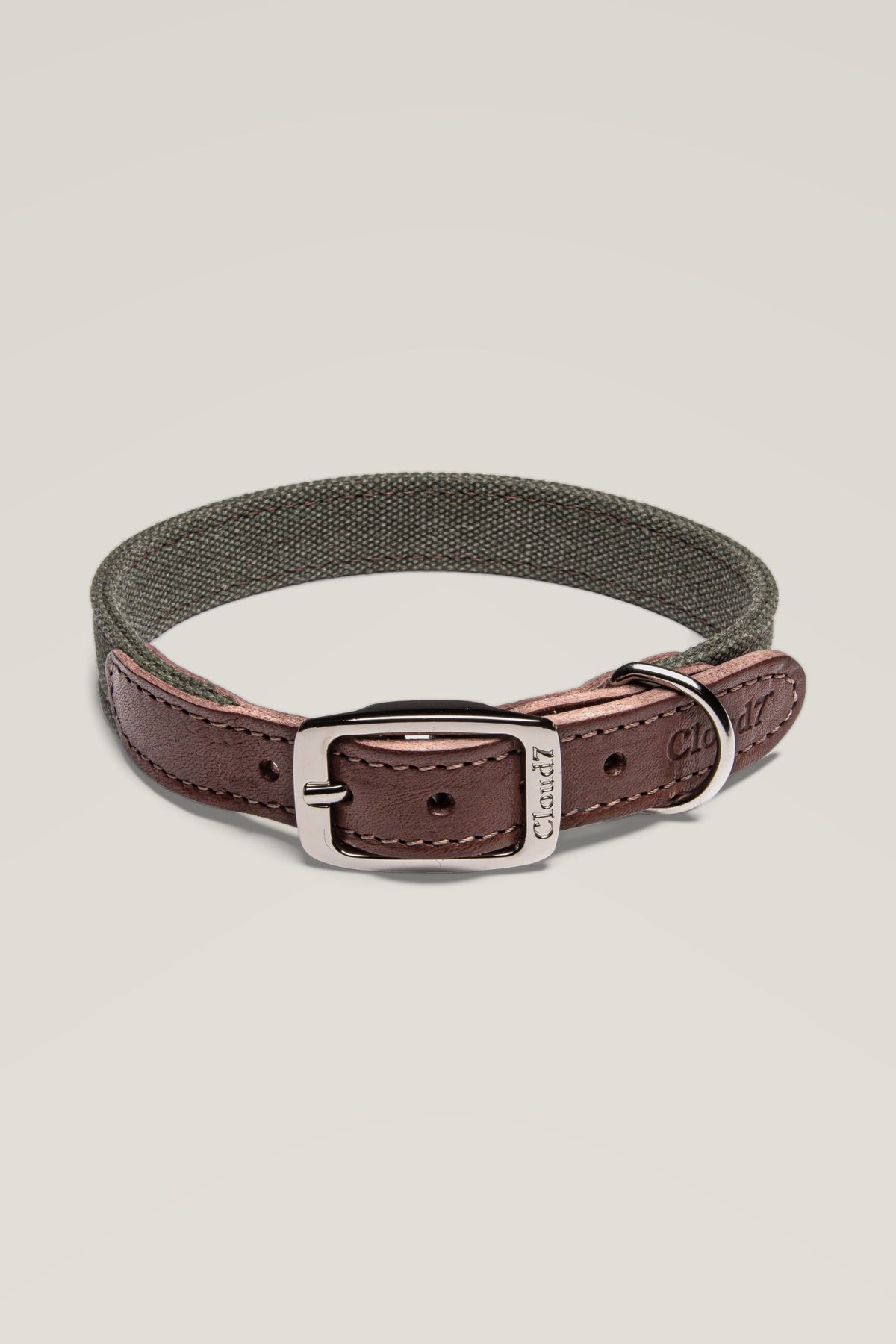 Cloud 7 Tivoli dog collar in olive canvas with brown leather and stainless steel buckle