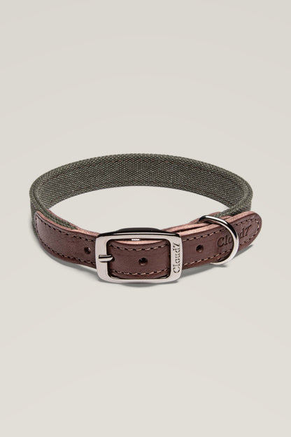 Cloud 7 Tivoli dog collar in olive canvas with brown leather and stainless steel buckle