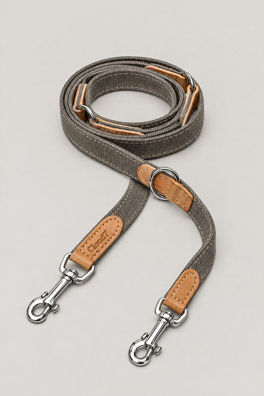 Greige canvas and tan leather Cloud 7 Tivoli dog leash with stainless steel snap hooks, coiled front view
