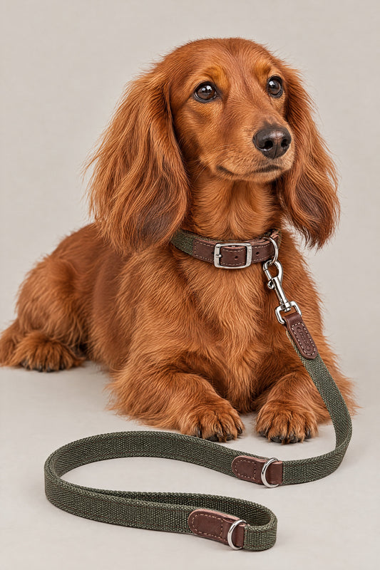 Long-haired Dachshund wearing the olive Cloud 7 Tivoli collar and leash
