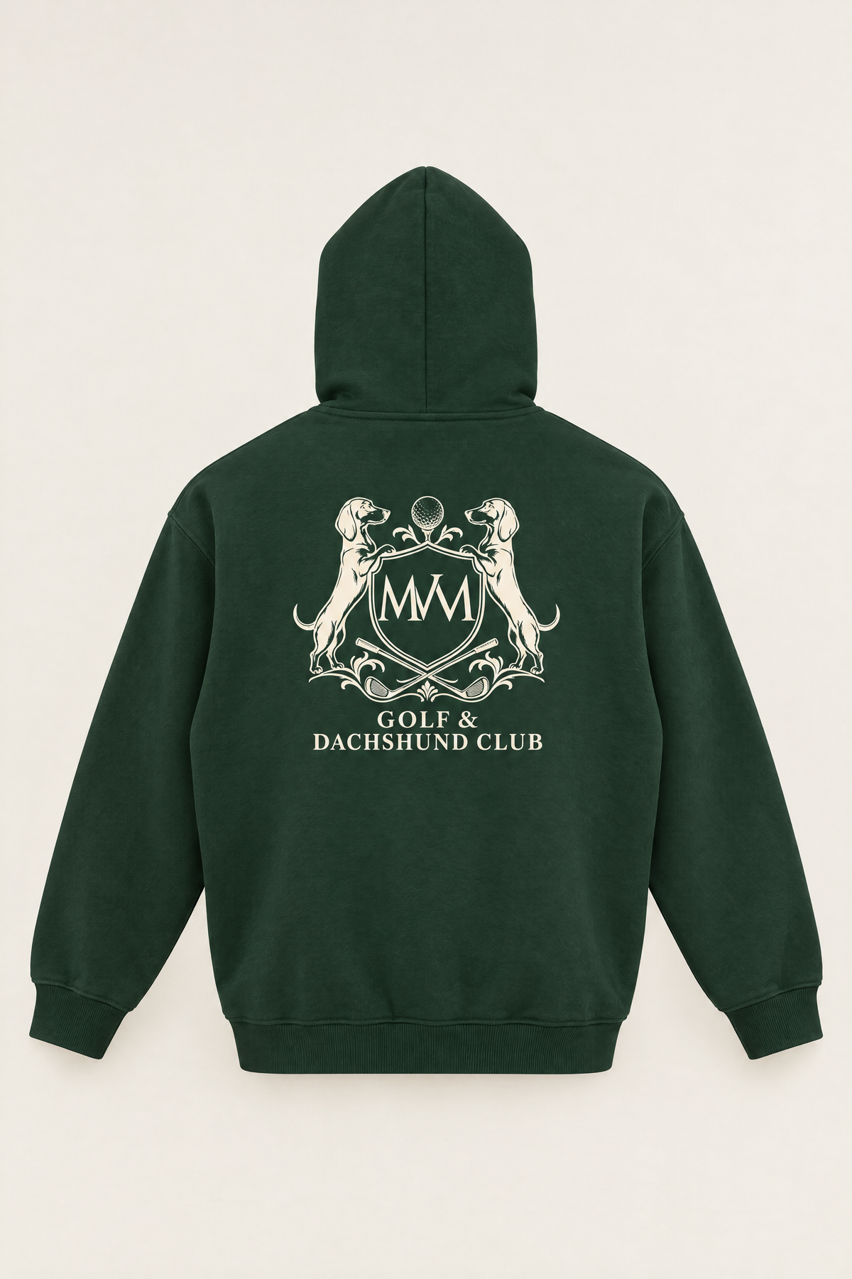 Back of the blackish green Club Crest hoodie with the large cream Golf & Dachshund Club crest below the hood. Color: Blackish Green