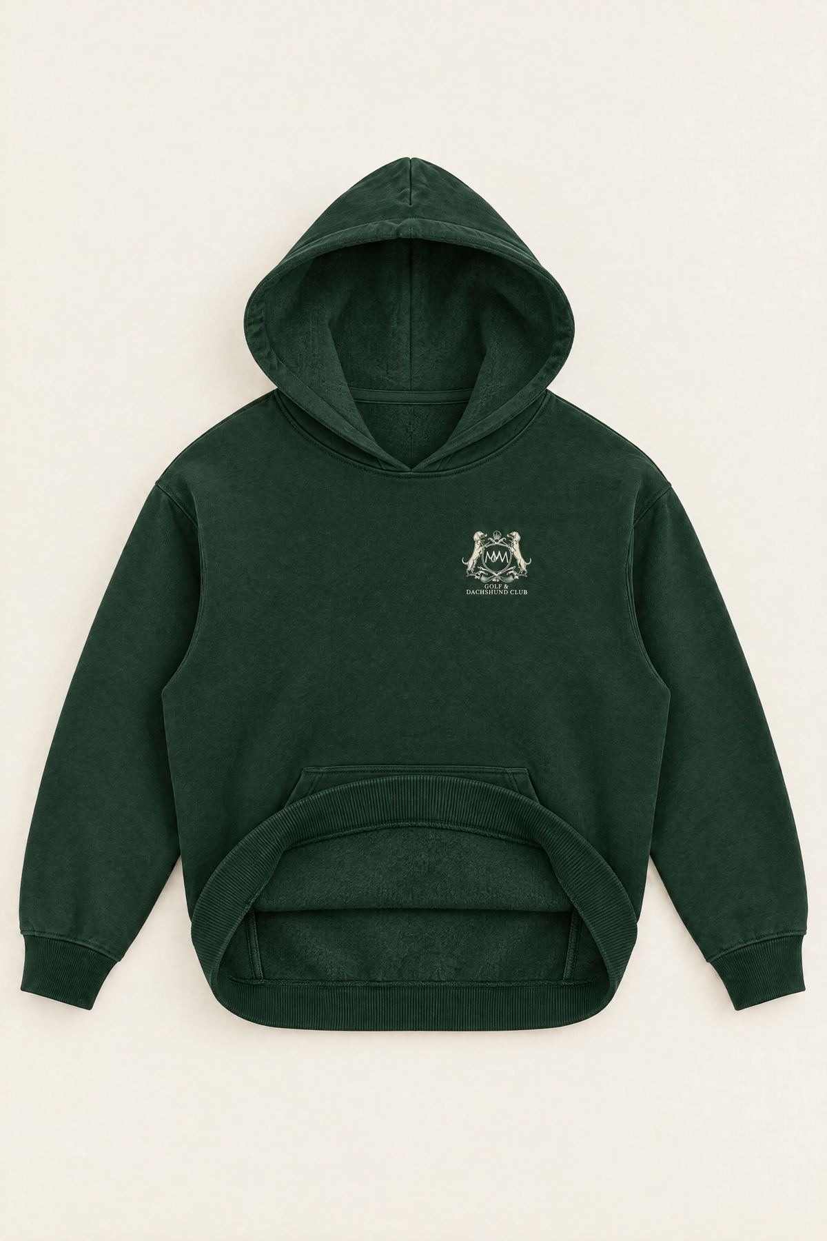 Inside of the blackish green Club Crest hoodie with the hem folded up and the hood open, showing the soft brushed fleece lining. Color: Blackish Green