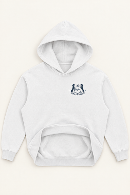 Inside of the white Club Crest hoodie with the hem folded up and the hood open, showing the soft brushed fleece lining
