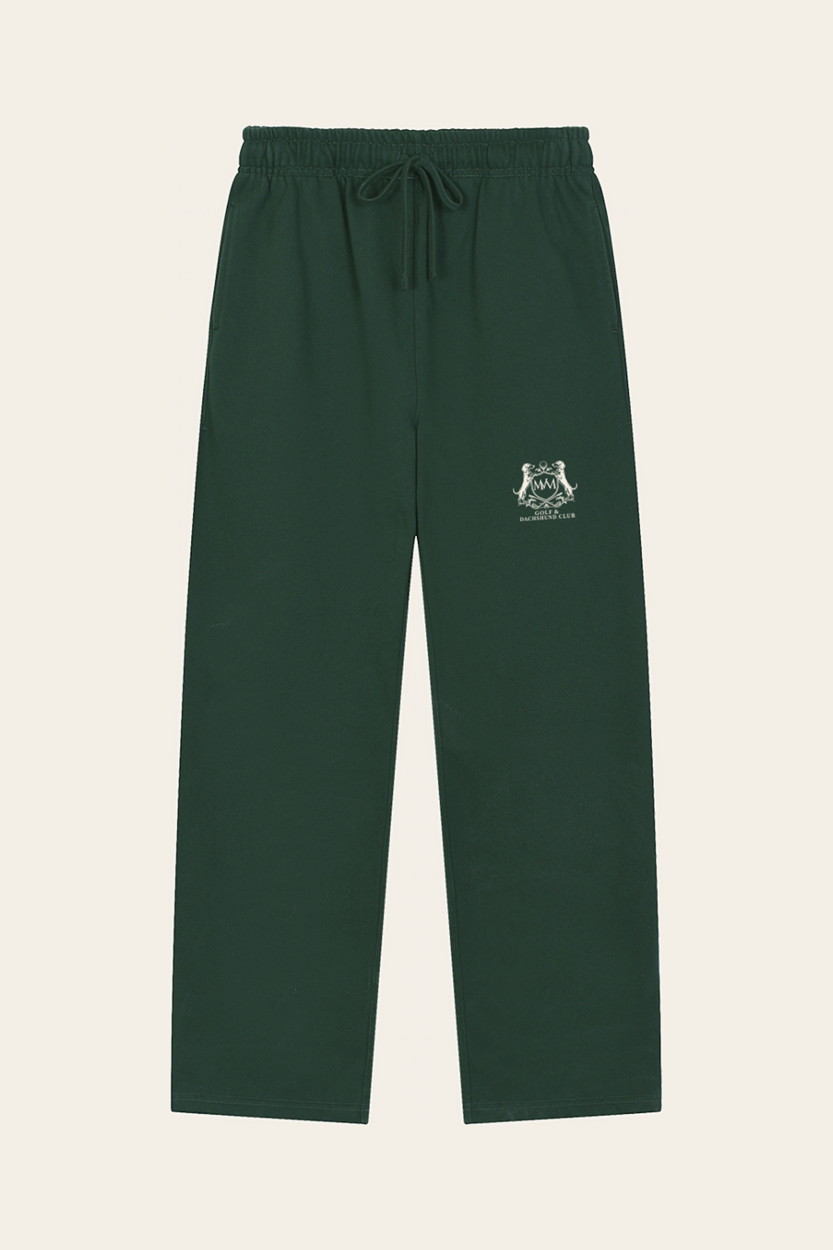 Flat lay of blackish green straight-leg Club Crest sweatpants with the small cream Golf & Dachshund Club crest on the upper thigh, front view. Color: Blackish Green