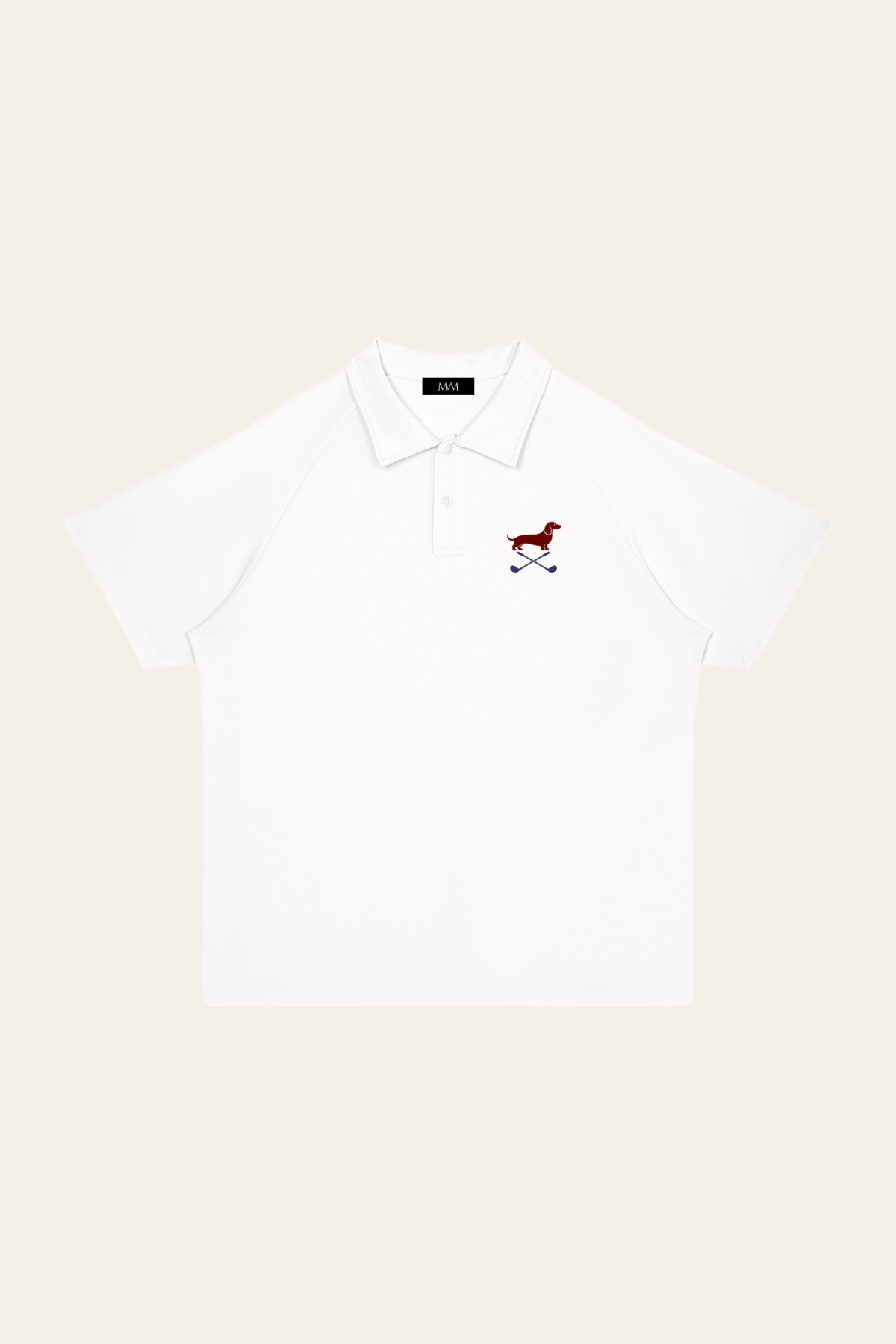 White Club Mark dachshund golf polo laid flat, front view on warm off-white background. Color: White