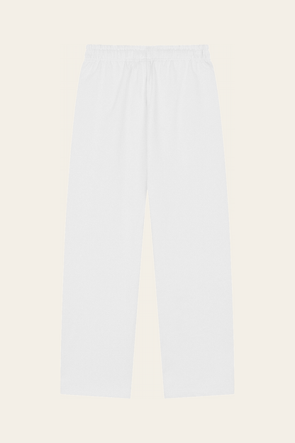 Flat lay of white Club Mark sweatpants, back view. Color: White