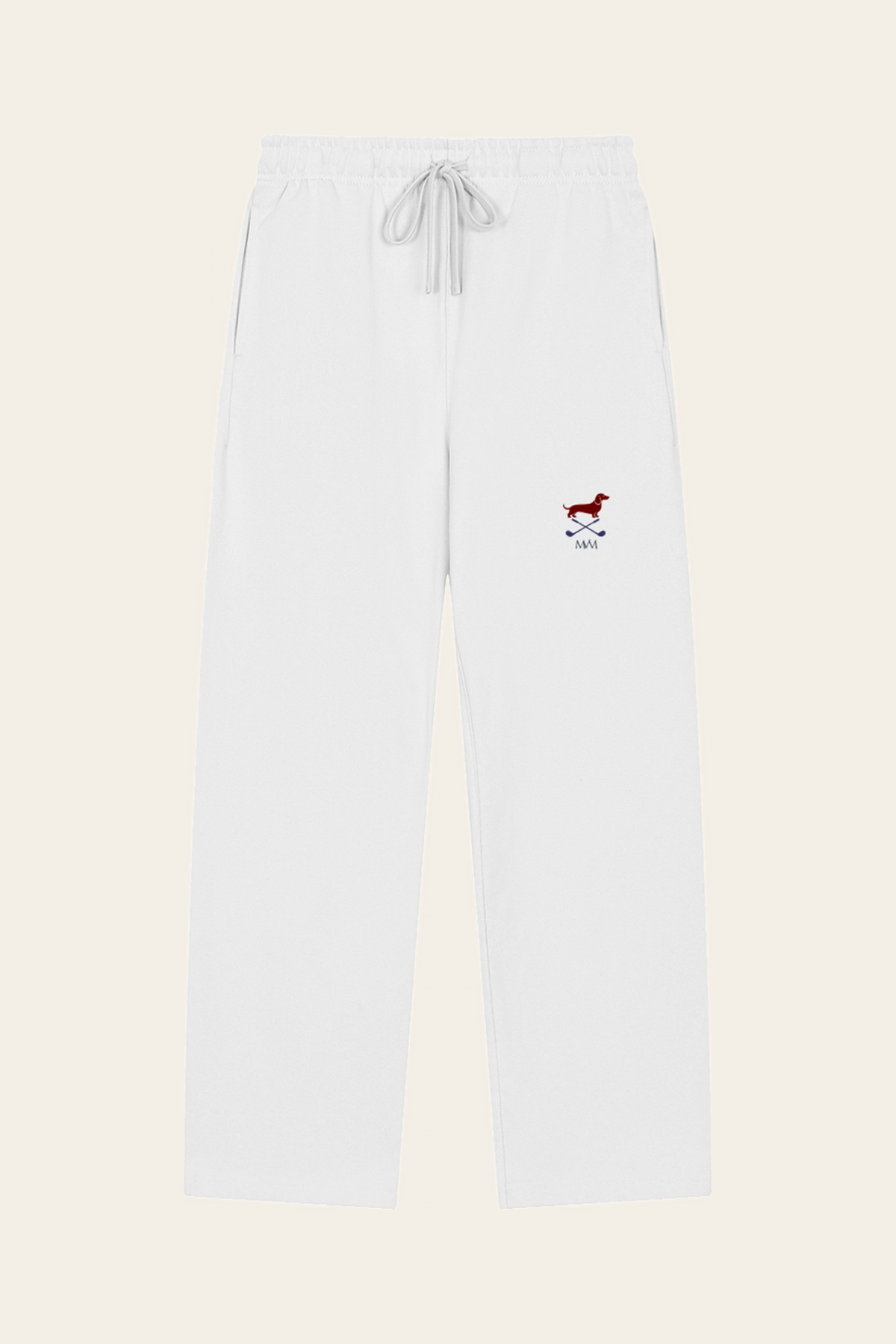 Flat lay of white straight-leg Club Mark sweatpants with the small red dachshund, crossed golf clubs and MVM monogram on the thigh, front view. Color: White