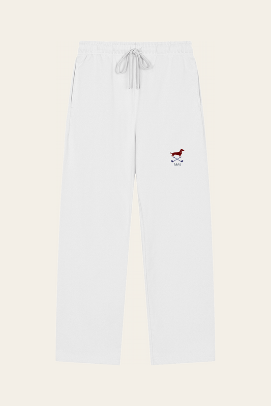 Flat lay of white straight-leg Club Mark sweatpants with the small red dachshund, crossed golf clubs and MVM monogram on the thigh, front view. Color: White