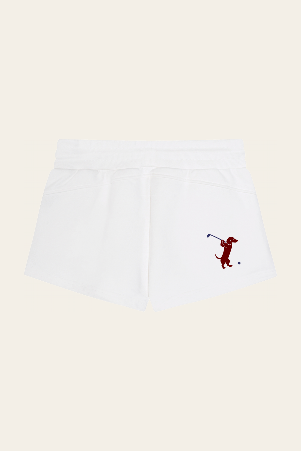 Flat lay of white Club Mark shorts with the red dachshund golfer print on the back, back view. Color: White