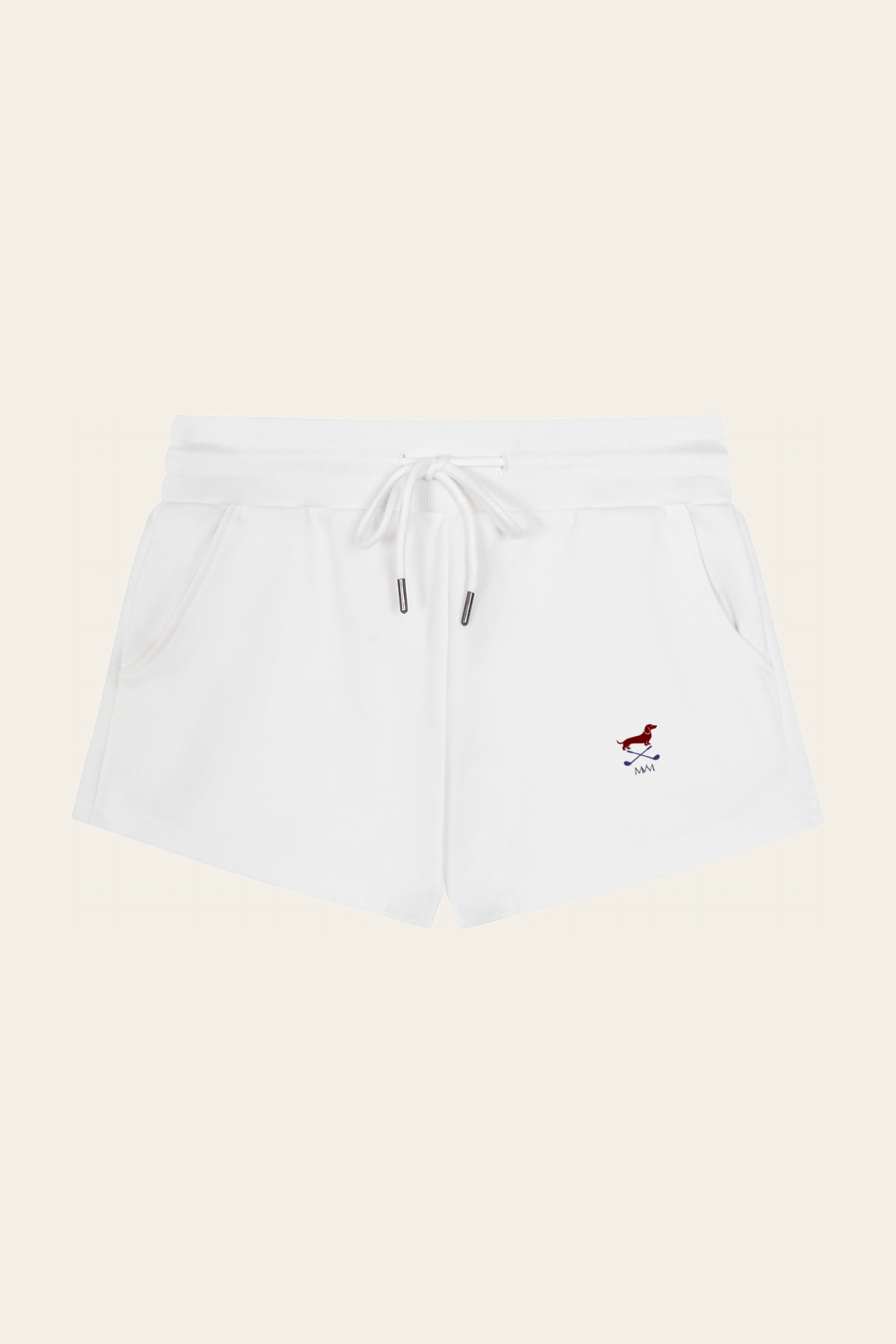 Flat lay of white Club Mark drawstring shorts with the small red dachshund logo, front view. Color: White