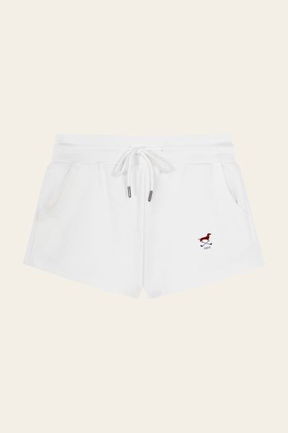 Flat lay of white Club Mark drawstring shorts with the small red dachshund logo, front view. Color: White