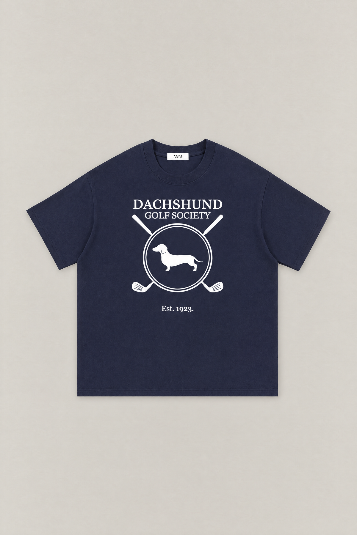 Dachshund Golf Society Tee in navy, flat lay front view. Color: Navy
