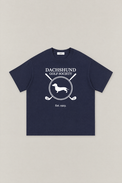 Dachshund Golf Society Tee in navy, flat lay front view. Color: Navy