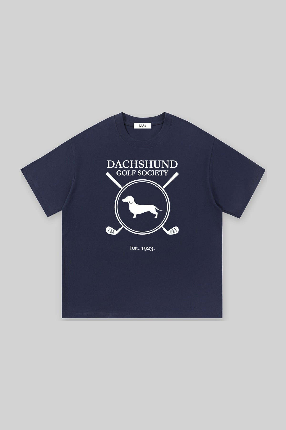 Dachshund Golf Society Tee in navy, front view