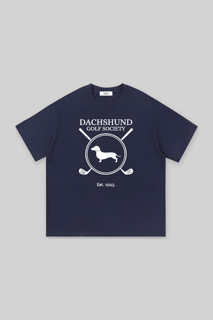 Dachshund Golf Society Tee in navy, front view
